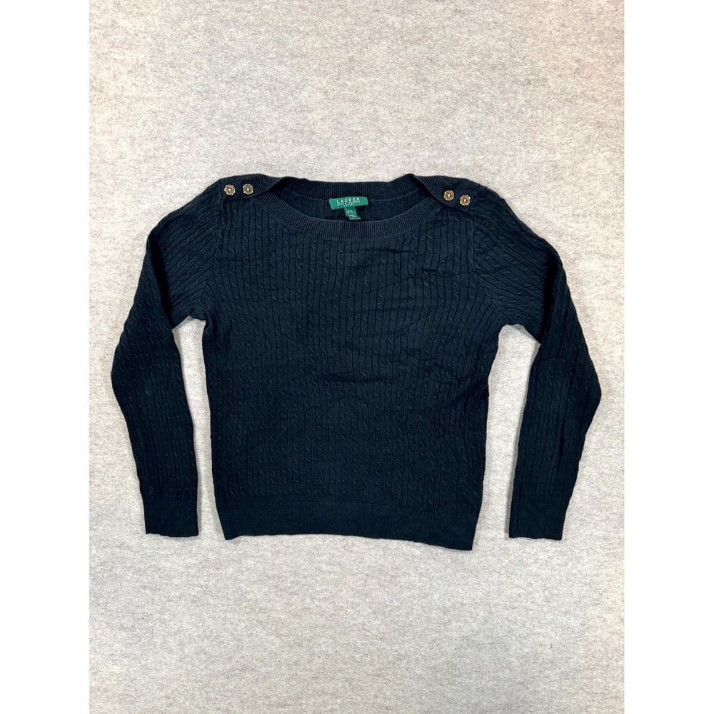 Lauren Ralph Lauren Black Cable Knit Cotton Button Shoulder Sweater Womens PL